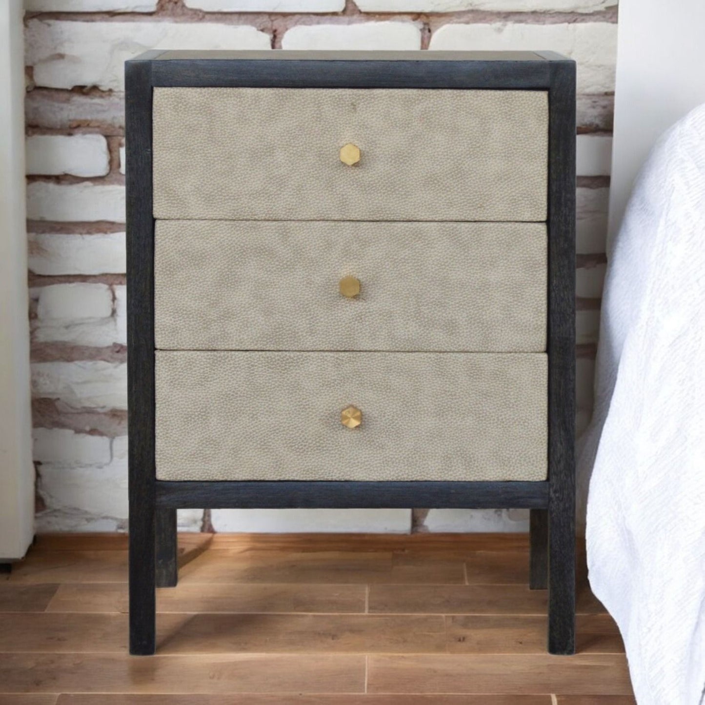 Faux Leather Nightstand, 3 Drawer - Black