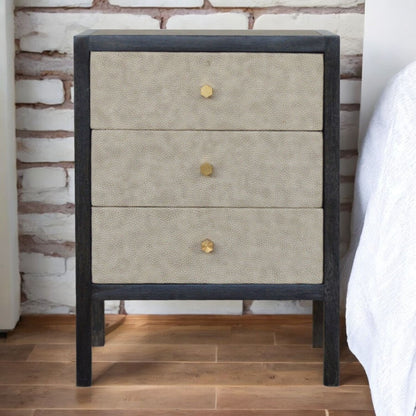 Faux Leather Nightstand, 3 Drawer - Black