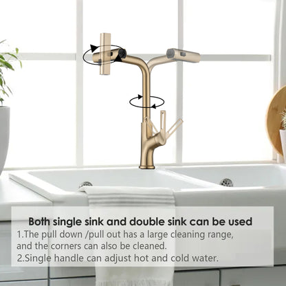 Kitchen Waterfall Faucet With Pull Down Sprayer, Single Handle, 360 Degree Rotating Zinc Alloy - Brushed Gold