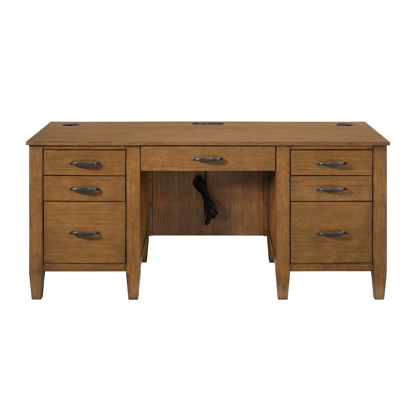 Portico - Double Pedestal Desk With Power / USB - Brown Oak