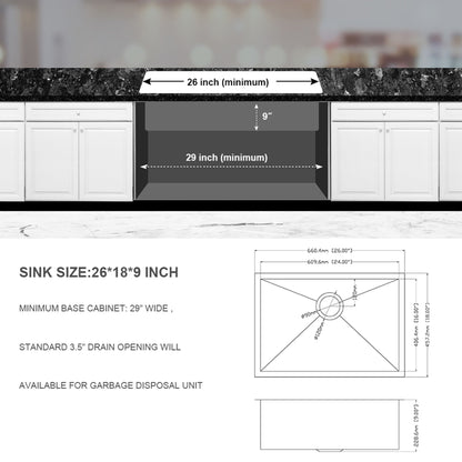 Undermount Kitchen Sink 26" 16 Gauge With Drain Assembly - Brushed Nickel