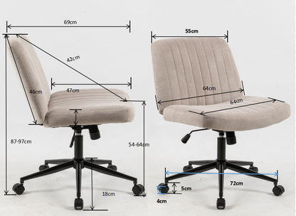 Cross Legged Office Chair, Wide Comfty Desk Chair, Vanity Home Chair, Armless Computer Task Chair With Wheels, Swivel And Height Adjustable - Beige