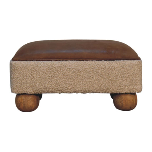 Vintage Leather Boucle Ball Footstool - Brown