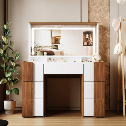Elegant Vanity Table With Large Lighted Mirror & Power Outlet, Dressing Table With 7 Drawers & Shelves, Vanity Desk With Brown Solid Wood Style Stickers - Brown / White
