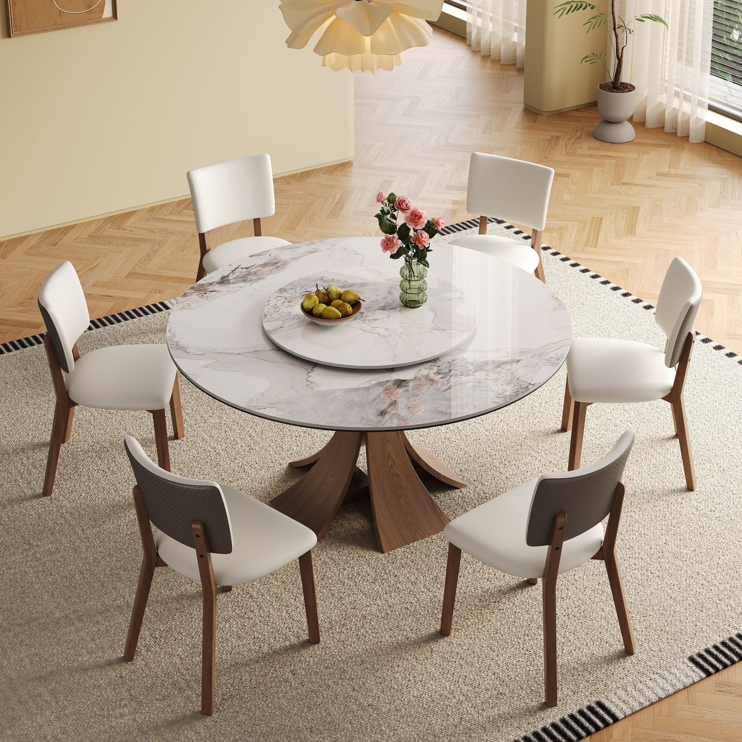 Dining Table Set With Round Turntable, Seats 6 - 8 - White