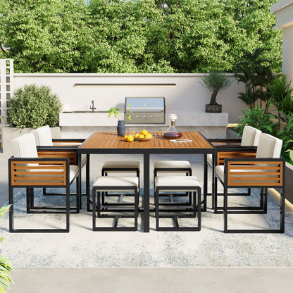 Acacia Wood Patio Dining Set, Cushioned Chairs & Ottomans Square Table