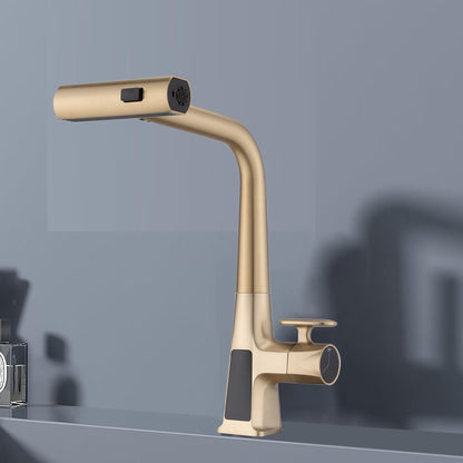 Waterfall Kitchen Faucet With Temperature Display And Pull Down Sprayer - Brushed Gold