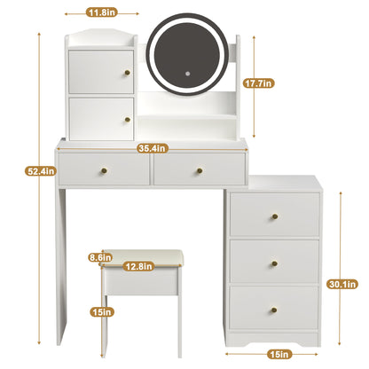 Fashion Vanity Desk With Mirror And Lights For Makeup And Cushioned Chair, Adjustable 3 Color Lighting - White