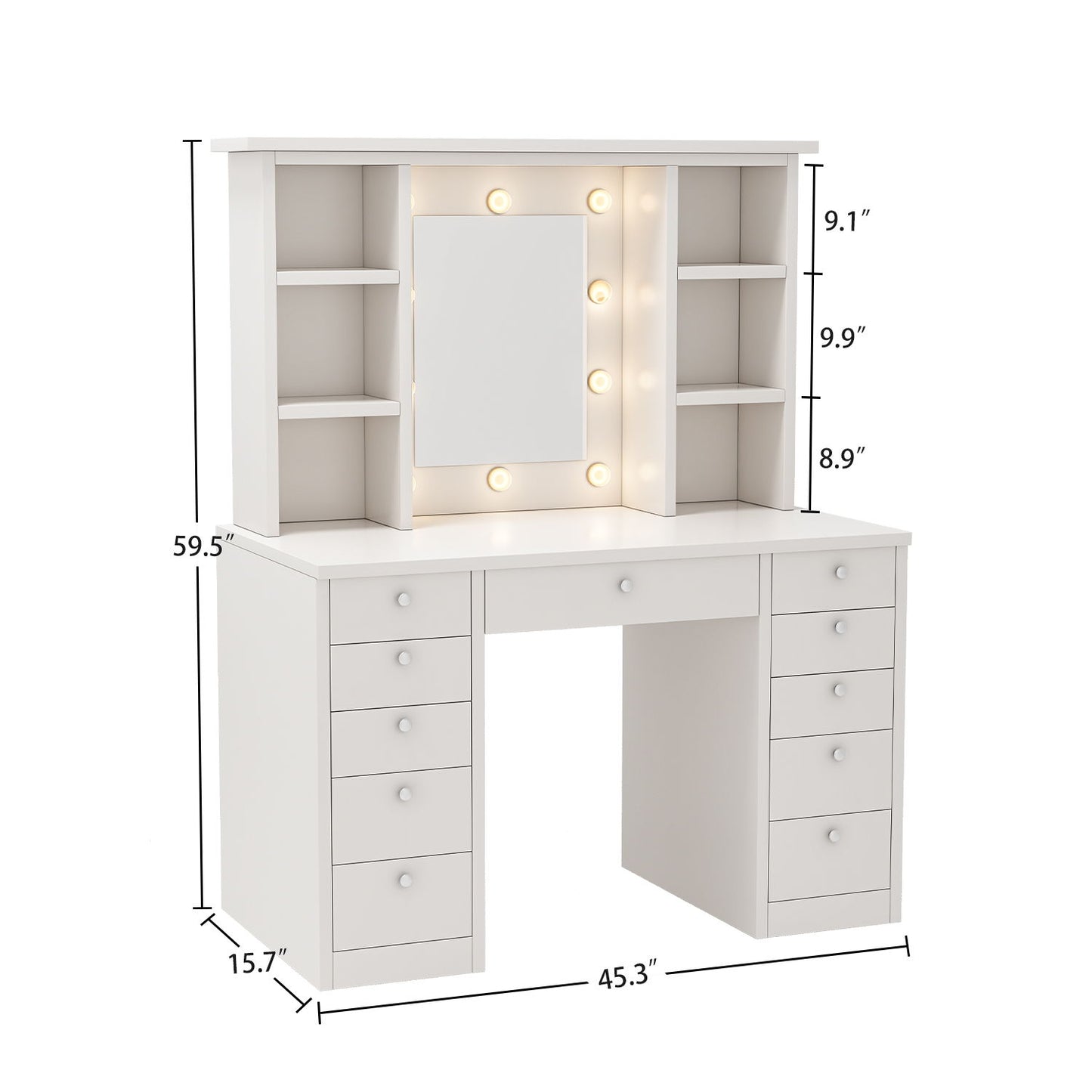 Vanity Desk With LED Lighted Mirror, Makeup Vanity With 11 Drawers, Adjustable Lighting - White