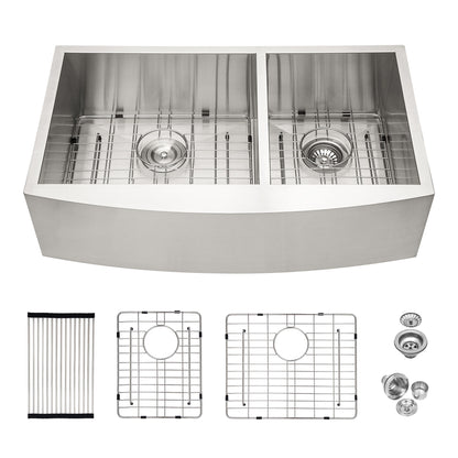 Double Bowl Farmhouse Sink Stainless Steel Undermount Apron Front With 2 9" Deep Basins - Gray