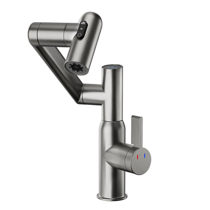 Bathroom Sink Faucet With Spray Function, Temperature Display, Anti Skid Switch, Hot & Cold, 360 Degree Rotary, Brass - Gun Gray