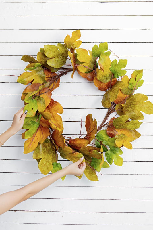 Dia Maple Leaf Wreath, Botanicals Decor For Harvest Festival Fall Festival & Thanksgiving Table Decorations - Green / Mustard